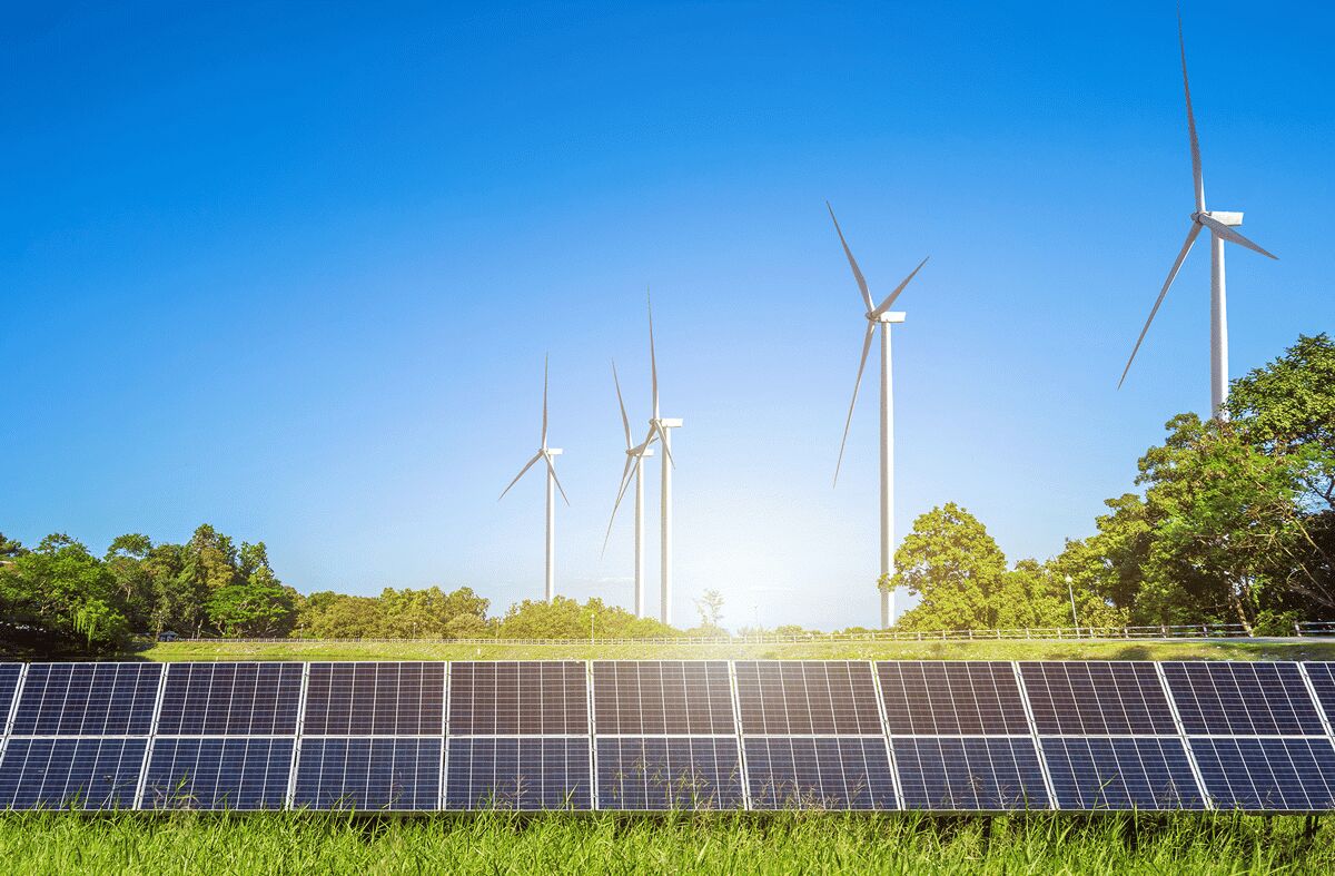 Solar park and wind turbines in the Rhineland
